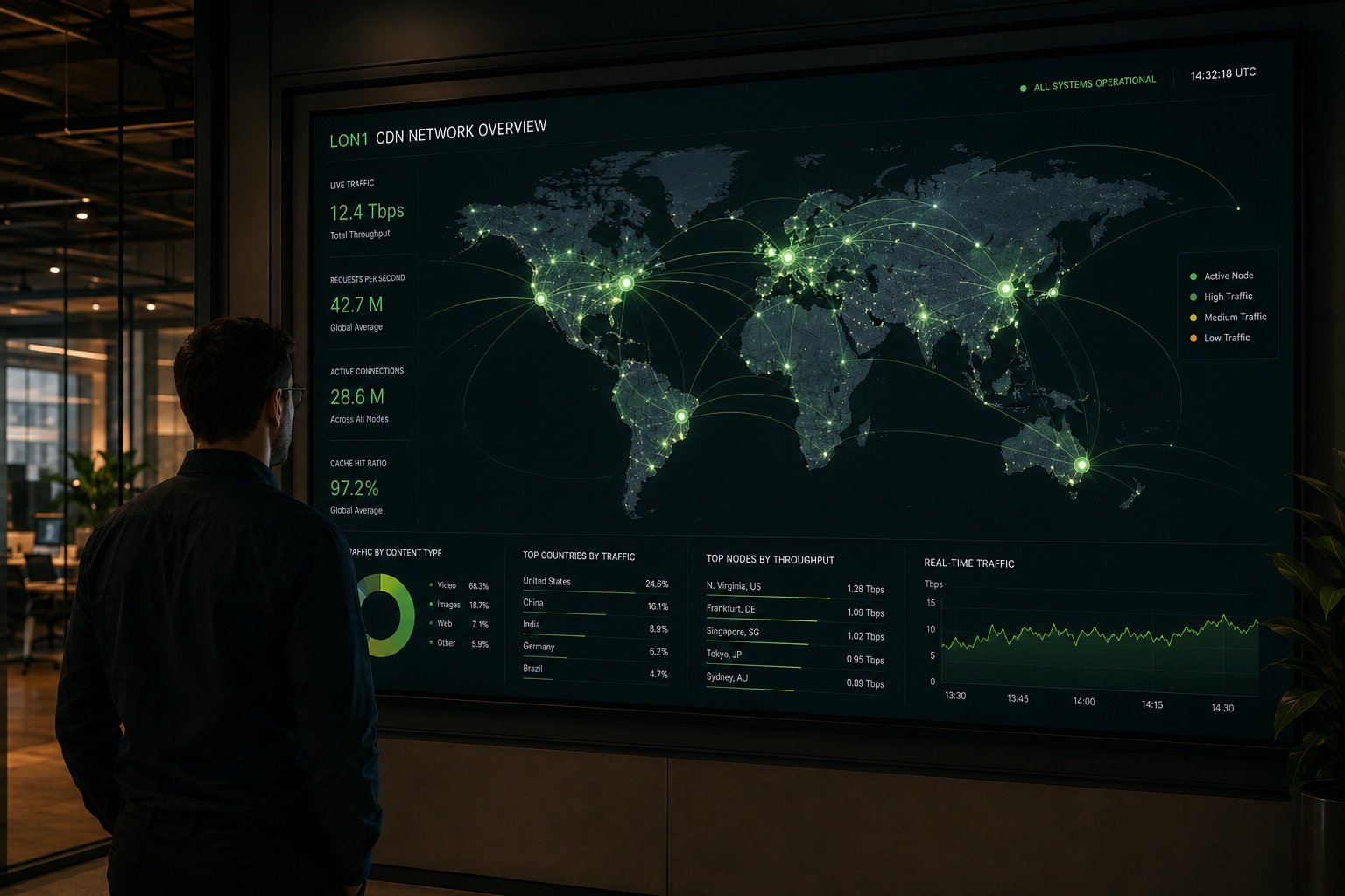Network architecture visualisation displayed on a large wall screen in a modern technology office
