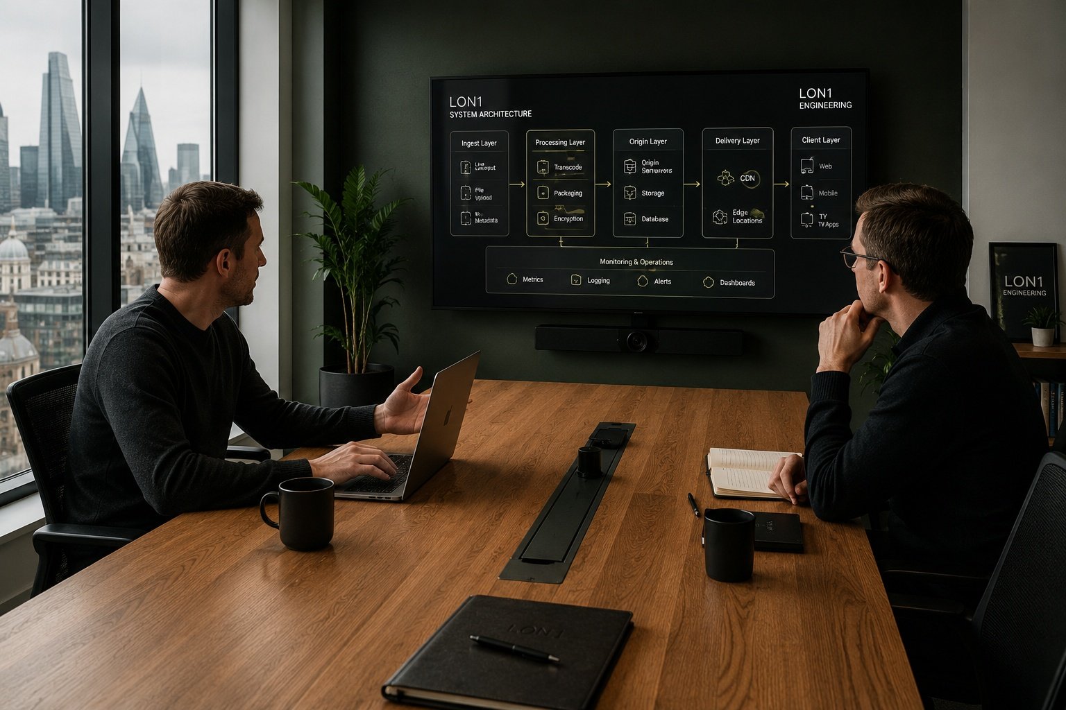 Professional technology consulting session in modern meeting room with architecture diagrams on screen