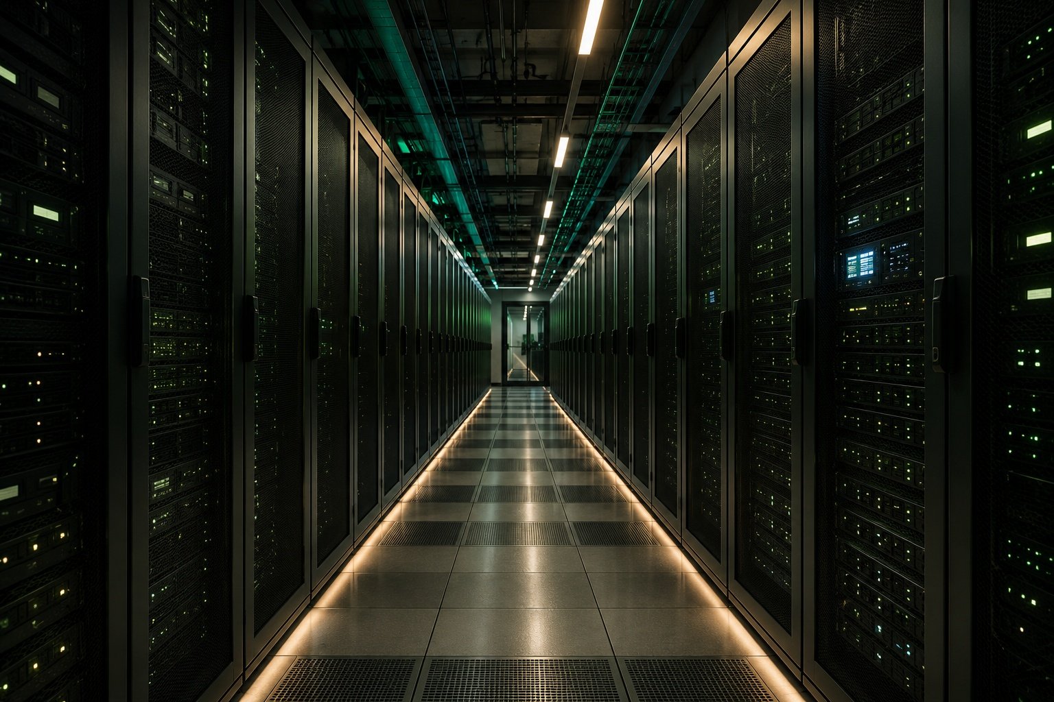 Enterprise data centre server room with structured cabling and rack infrastructure