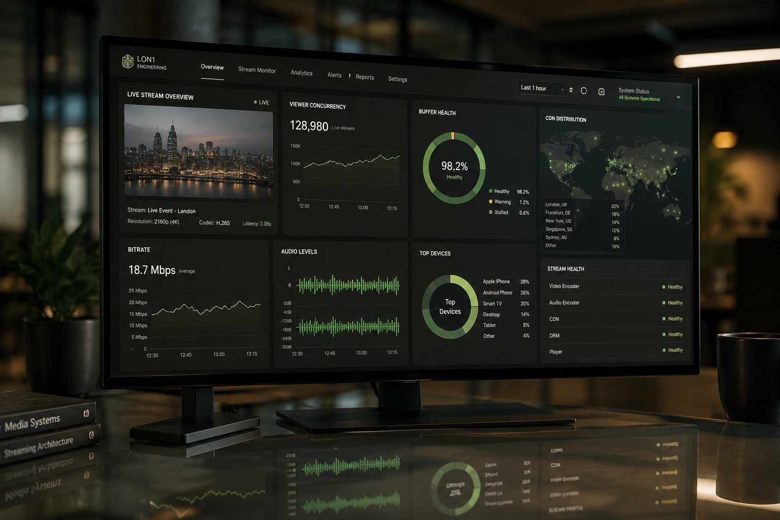 Media streaming analytics dashboard displaying CDN performance metrics and bitrate graphs
